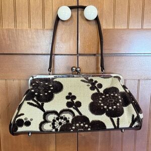 Glenda Gies Jackie kiss lock Bag in Cream and Brown chenille
